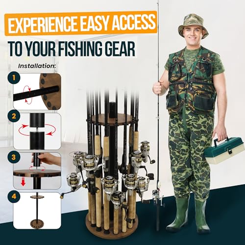 Rush Creek Creations 16 Rod Fishing Pole Holder - Round Floor Mount Rack with Clips for Garage Organization, Dark Walnut Wood - color: Dark Walnut
