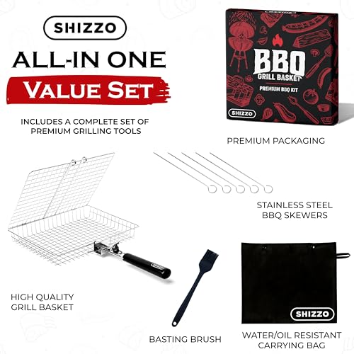 SHIZZO Grill Basket Gift Set - Removable Wooden Handle - Non-Stick Stainless Steel, BBQ Grilling Rack for Fish, Shrimp, Vegetables - Camping & Outdoor Smoker Accessories, Gifts for Dad, Husband