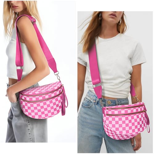 Checkered Crossbody Bum Bags for Women Nylon Checkered Purse Checkerboard Fanny Pack - color: A08-rose Red