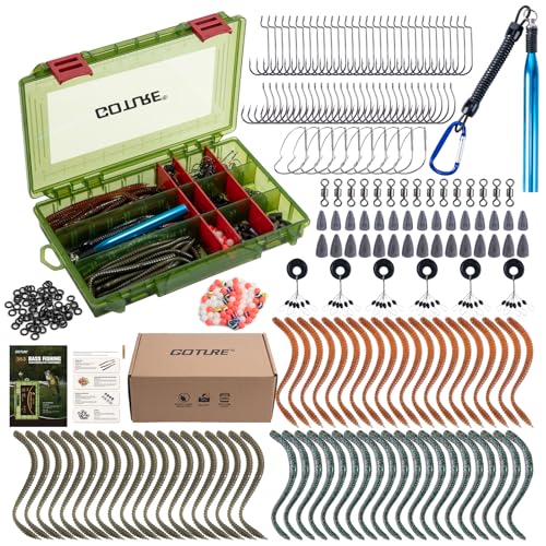 Goture 353PCS Wacky Worm Fishing Lure Kit, Bass Fishing Wacky Rig Tool Kit with Soft Plastics Lures, O-Rings, Offset Worm Hooks, Drop Shot Hooks, Beads, Sinker Weights, 3600 Tackle Box, Gifts of Men - color: A:353pcs Fishing Lures Kit