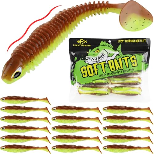 LUCKYFISHING Paddle Tail Swimbaits 10/16/20 PCS Fishing Lures Soft Plastic Lures for Trout Crappie Walleye Soft Baits for Bass Fishing Freshwater Saltwater 4.1/3.5/3/2.5 Inch - color: Green Pumpkin Chartreuse, size: 3 inch-16pcs