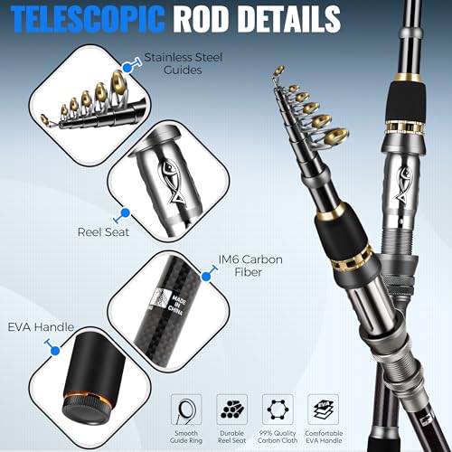PLUSINNO Fishing Gear - Telescopic Fishing Rod and Reel Combo with Tackle Box, Collapsible Rod and Lures Box, Travel Fish Pole Starter Kit, Fishing Accessories Tackle Lure Kit Gifts for Men Bass Trout - color: Full kit with lures and net, size: 1.8m 5.91f