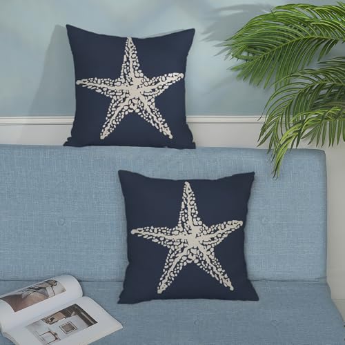 Navy Blue Coastal Pillow Covers 16x16 Inch 2 Pcs Summer Sea Starfish Decor Throw Pillows Nautical Beach Ocean Themed Outdoor Holiday Decoration Pillowcase Linen Cushion Cover for Couch Sofa - color: Starfish Navy Blue, size: 16" x 16" (Pack of 2)