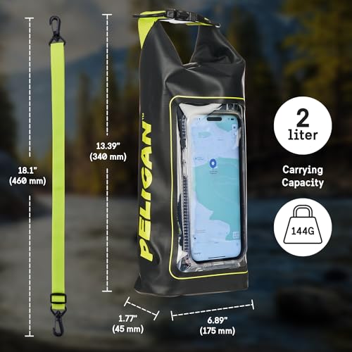 Pelican Marine IP68 Waterproof Dry Bag 2L w/Phone Pouch/Case - Black/Yellow | Roll Top Waterproof Backpack with Touchscreen Phone Pouch - Swimming, Kayaking, Camping, Rafting, Fishing & Travel Essentials - color: Black/Yellow - 2L, size: 2L