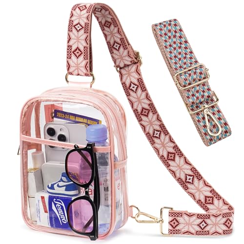 3 Pockets Clear Bag for Stadium Events with 2 Long Straps Sling Backpack Fanny Pack Concert Crossbody Purses for Women - color: 1# Pink-b, style: Style 1