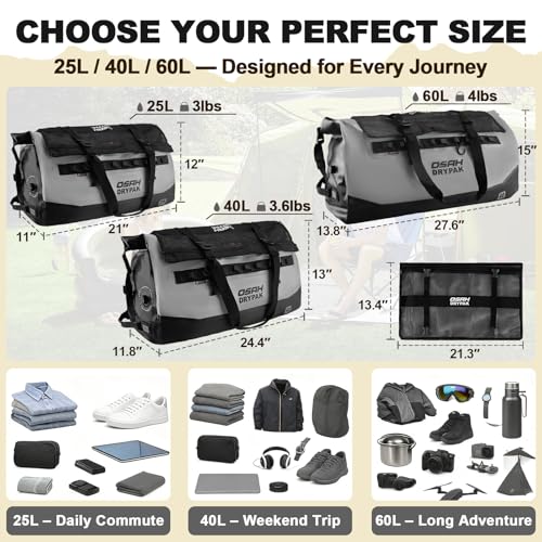 OSAH DRYPAK Waterproof Duffel Bag 25L/40L/60L – Heavy-Duty Motorcycle Tail Bag, Roll-Top Dry Bag for Travel, Camping, Boating, Kayaking, Outdoor Adventure - color: GREY, size: 40L