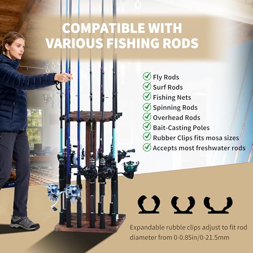 360° Rotating Fishing Rod Holder, Natural Wooden Fishing Pole Rack Stores 16 Rods, Floor-Standing Fishing Rod Storage Organizer with Rounded Clips for Garage, Basement, or Shed, Easy to Install - size: Square