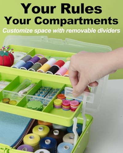 TERGOO 12in 3-Layer Plastic Craft Organizers and Storage, Portable Folding Tackle Box with Handle & Adjustable Dividers, Multipurpose Case for Sewing, Art Supplies, Medicine, Tools (Green) - color: Green