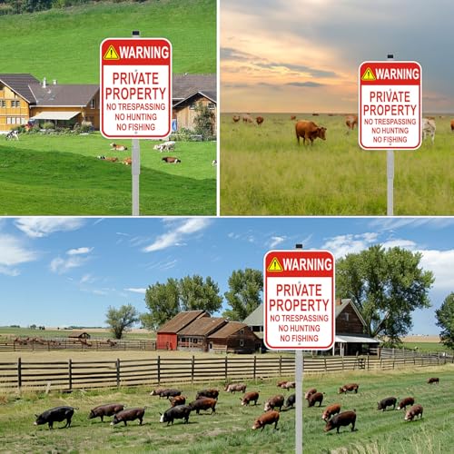 2 Pack Private Property No Trespassing Signs with 36" Metal Stakes, 10x14 Inches, Reflective Aluminum, No Hunting No Fishing Signs - style: 2 Pack-10"x14" with 36" Stakes