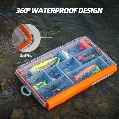 RUNCL Fishing Tackle Box - 360° Waterproof Tackle Trays, 3700 Fishing Tackle Box Organizer with Adjustable Dividers for Jigs Lures, Orange, 1 Pack - color: Orange, size: 1Pcs 3700
