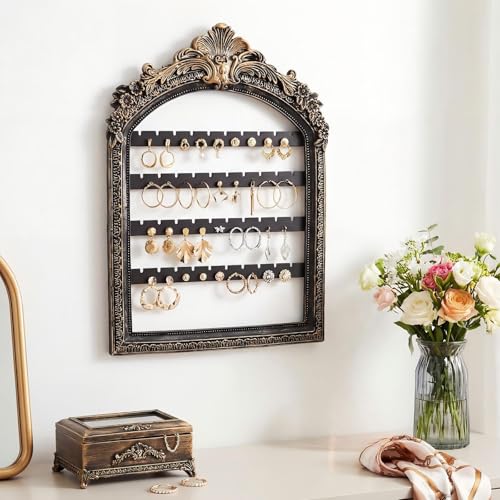 13 x 9.3'' Wall Hanging Earring Holder Black Vintage Jewelry Frame Organizers 4 Layer Wall Mounted Earrings Display Rack with Hooks Decorative Retro Jewelry Display for Necklaces - color: Black, size: 13 x 9.3''