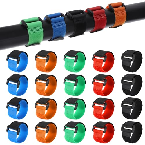 20 Pcs Fishing Rod Straps, 5 Color Hook & Loop Fish Rod Belts | Adjustable Elastic Fishing Pole Straps Tackle Belt Ties Casting Rods Fishing Rod Accessories for Casting, Fly Rods