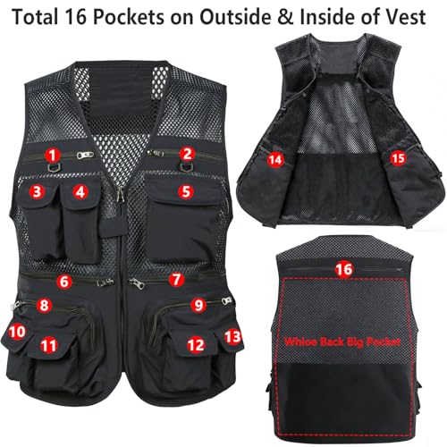 HUNTURE Fishing Vest,Pocket Vest and Hat Gloves Neck Gaiter Set for Men,Lightweight Utility Outerwear Vest - color: Black, size: Medium