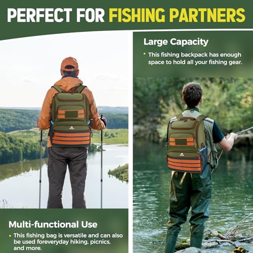 MATEIN Fishing Backpack Tackle Box, Water Resistant Tackle Backpack with Cooler & Rod Holders, Fishing Gifts for Men - color: Green & Orange & Blue