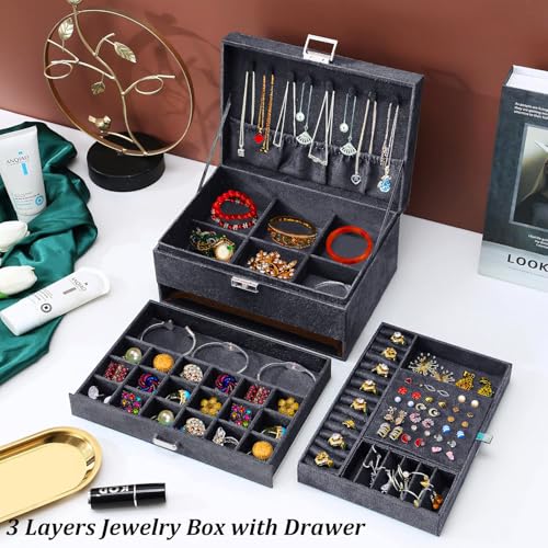 QBestry 3-Layer Jewelry Box for Women with Lock and Key & Drawer, Large Jewelry Organizer with 8 Necklace Hooks & 56 Earring Holes, Grey Velvet Jewelry Storage Box for Necklaces Earrings Ring Bracelet - color: Grey