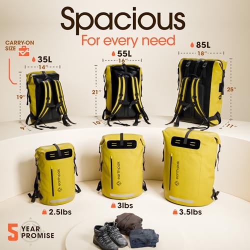 Earth Pak Waterproof Backpack - Heavy Duty Roll-Top Closure with Easy Access Front-Zippered Pocket and Cushioned Padded Back Panel for Comfort with IPX8 Waterproof Phone Case, Yellow, 85L, Messenger - color: Yellow, size: 85L