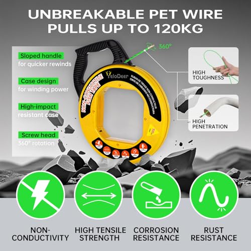 Non-Conductive Fish Tape Wire Puller 100 FT x 4.5 mm with Gloves, Flexible PET Wire Fishing Tools for Walls and Electrical Conduit, Rust-Proof - size: 100 ft
