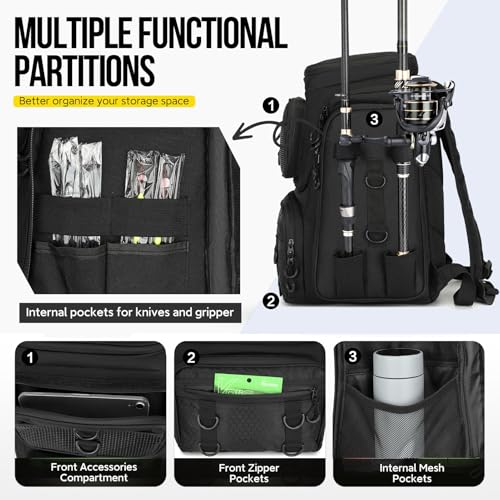 Fishing Backpack with Rod Holder, Durable Waterproof Fishing Bag, 42L Large Capacity Tackle Box Backpack (Black) - color: Black