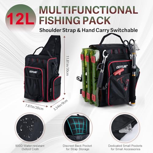 Goture Fishing Kits for Adult,Fishing Pole and Reel Combo, OpenSide Fishing Sling Tackle Storage Bag with 3 Tackle Boxes,Gift for Men - color: Black 12L bag + 3600 trays, size: 7FT/2.1M