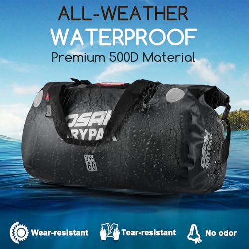 OSAH DRYPAK Waterproof Duffel Bag - Motorcycle Dry Bag Tail Bag with Large Storage Space, Waterproof Luggage Duffle Bags with Outer Mesh Zipper Pocket for Camping, Kayaking, Fishing & Traveling - color: Black, size: 60L