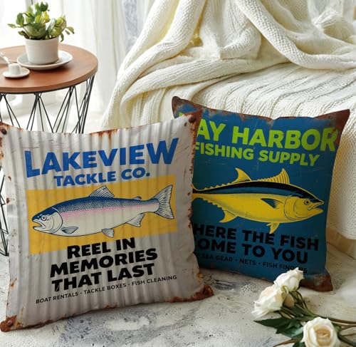 Rustic Fishing Throw Cushion Case 18x18 Inch Reel in Memories Trout Pillow Cover for Lake House Cabin Man Cave Couch Sofa Outdoor Fishing Decor Pillowcase (Grey) - color: Grey