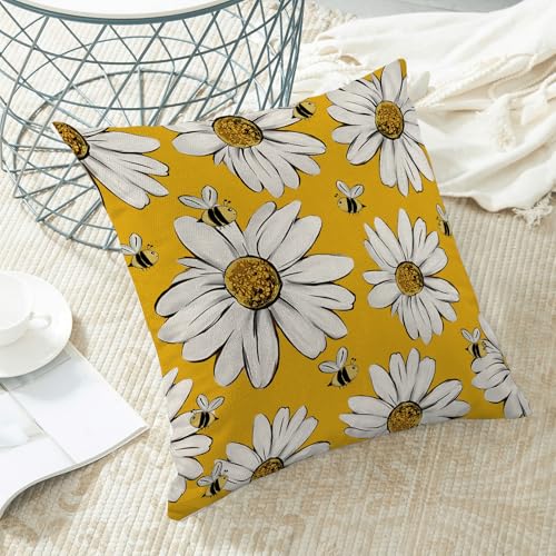 Summer Pillow Covers 16x16 Inch Set of 2 Yellow Background White Floral Bee Throw Pillows Outdoor Decorative Spring Floral Bee Pillowcases Linen Cushion Cases for Bed Sofa Couch - color: Yellow Sunflower Bee, size: 16" x 16" (Pack of 2)