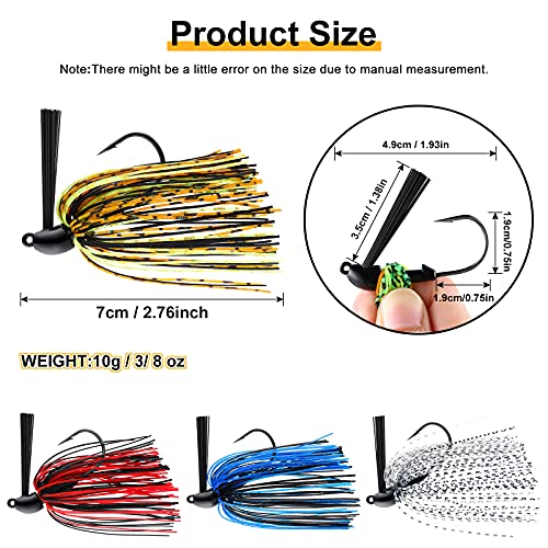Sumind 8 Pcs Bass Fishing Jigs Bass Weedless Football Jig Metal Football Head Kit Swim Silicone Skirts Weed Guard Flipping Lures, Colorful, 10 G/ 3/8 oz