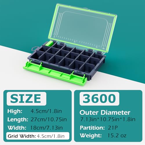 Fishing Waterproof Tackle Box, 3600 Tackle Tray Storage, Hyperseal and Transparent, Terminal Tackle Organizer Box with Removable Dividers, Plastic Lure Box - Green