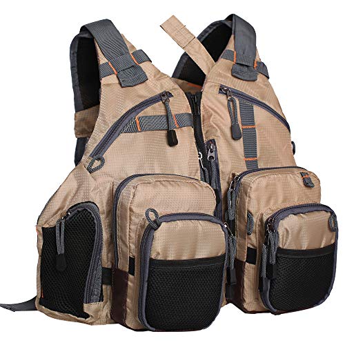 Waxaya Lightweight Fly Fishing Vest with Multi Pockets Adjustable Size Mesh Fishing Backpack for Men and Women - color: Khaki
