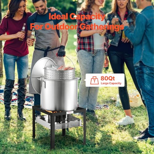 VEVOR 80 Qt Seafood Boiling Kit with Strainer, Outdoor Seafood Boil Pot and Basket, Cooking Set for Crab Crawfish Lobster Boiling, Aluminum Stockpot with 100,000 BTUs Propane Burner and Steamer Rack - style: 80-qt