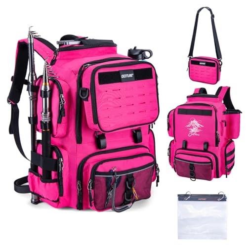 Goture Fishing Backpack, 900D Water-Resistant Tackle Backpack with Rod Holders, 58L Large Storage Gear Fishing Tackle Bag with Detachable Crossbody Bag,8 Lure Pockets,Bottle Holder for Camping Hiking - color: Pink