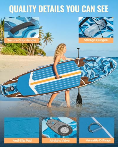 11ft Inflatable Stand Up Paddle Board, Wood Grain Ultra Lightweight SUP, 430lb Capacity for Adults Youth Family, for Fishing Surfing Camping, Includes Backpack & Pump - color: Blue Grained Walnut Wood