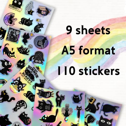 110Pcs Holographic Black Cat Stickers, Cute & Funny Vinyl Decals for Water Bottles, Laptop, Phone Case, Journal, Scrapbooking - style: Black Cat Stickers