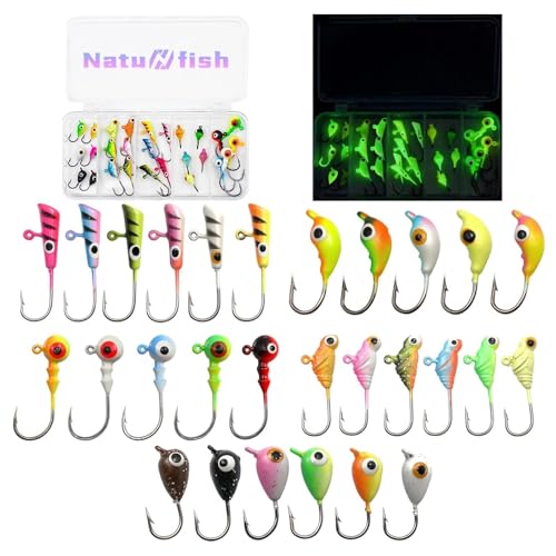 Glow Ice Fishing Jigs | Winter Ice Fishing Lures Set | Micro Jig Head for Pike, Panfish, Crappie, Perch, Walleye, Trout, Bluegill - with Storage Box - color: 28pcs
