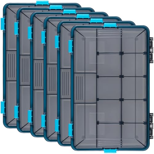 Wonderjune 6 Pack Fishing Tackle Boxes Waterproof 3600 and 3700 Tackle Trays with Removable Dividers Plastic Storage Organizer Bait Vault Camouflage Box for Freshwater Saltwater (Blue,3600) - color: Blue, size: 3600