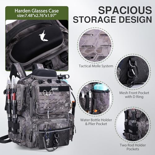 Goture Fishing Backpack, 900D Water-Resistant Tackle Backpack with Rod Holders, Hard Sunglasses Case, 45L Large Storage Gear Tackle Bag with Rain Cover, Bottle Holder for Travel Camping Hiking - color: A1:camo 12#, size: Without Tackle Boxes