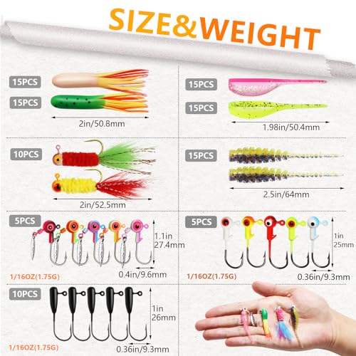 Dovesun Crappie Lures with Jig Heads Kit, Soft Plastic Grubs-Tube Baits 1/8oz 1/16oz 1/32oz Crappie Jigs Walleye Trout Bass Crappie Baits 95-120pcs - color: D-105PCS-Crappie Lures(small)
