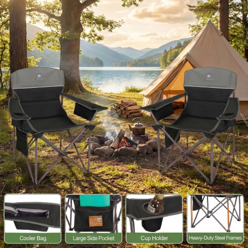 Oversized Camping Chairs 2 Pack - Heavy Duty 400LBS Padded Lawn Chair with Cooler Bag,Cup Holder,Side Pocket,Collapsible for Outdoor,Camp,Fishing & Garden,Black - color: Black
