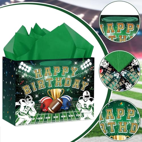Hooqict Large Football Gift Bag with Handles, Tissue Paper and Greeting Card Football Birthday Party Gift Wrapping Bag for Boys Men Sport Themed Goodie Treat Party Favors - color: Rugby