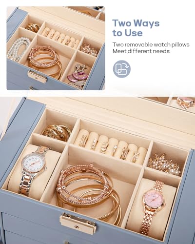 Homde Synthetic Leather Huge Jewelry Box Mirrored Watch Organizer Necklace Ring Earring Storage Lockable Gift Case (Grey Blue + Gold) - color: Grey Blue + Gold