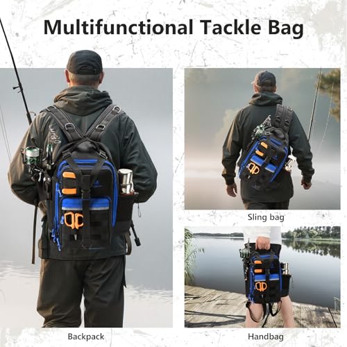 BASSDASH Convertible Fishing Backpack Sling Bag with Rod Holder, Adjustable Tactical Water-Resistant Tackle Storage Pack FP07 - color: Black/Royal Blue, size: Standard