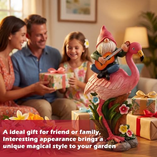 EXYGLO Solar Gnome Garden Statue Decor, 10" Gnome Riding Flamingo Outdoor Funny Decoration for Lawn, Patio, Yard, and Unique Housewarming, Birthday Ornament Gift for Mother, Friend, Family - style: Flamingo & Gnome
