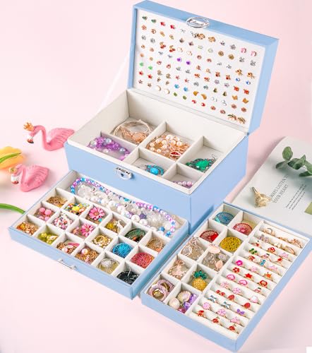 QBestry Earrings Jewelry Box for Girls, 5 Layers Jewelry Organizer with Earring Holder Organizer for Girls Earring Organizer Jewelry Boxes for Women Earrings and Necklaces Jewelry Box Organizer Blue - color: Blue, size: Large
