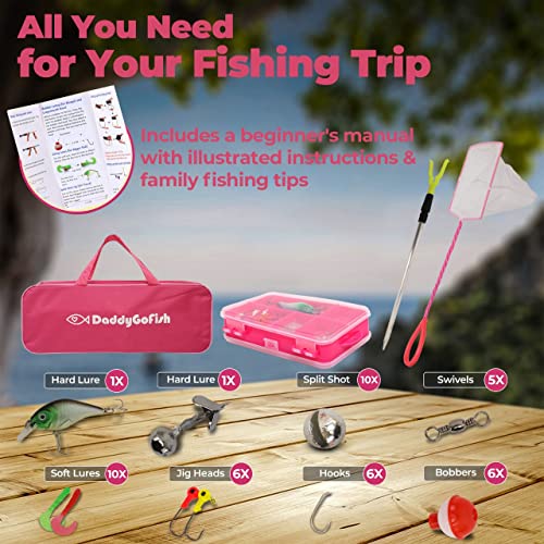 DaddyGoFish Kids Fishing Pole - Rod Reel Combo Tackle Box Starter Set - First Year Small Dock Gear Kit for Boys Girls Toddler Youth Age Beginner Little Children Junior Anglers - color: Pink (Complete Set), size: 5ft
