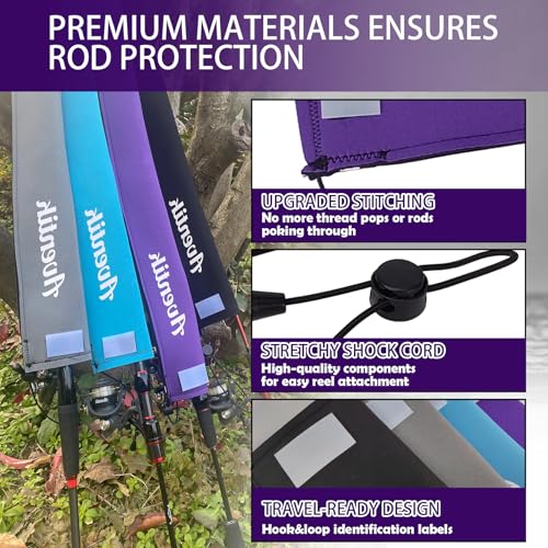 Aventik Lightproof Neoprene Rod Sleeve – Protective Fishing Rod Sock Cover with Hanging Loop & Adjustable Lanyard for Casting, Spinning & Trolling Rods - color: Black+Purple, size: Length: 52''/1.32m