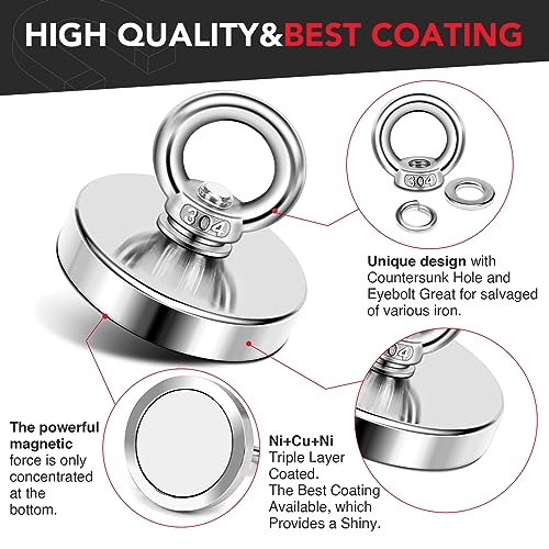 DIYMAG Strong Neodymium Fishing Magnets 350 Lbs(158 KG) Pulling Force Rare Earth Magnet with Lifting Countersunk Hole Eyebolt Diameter 1.97 inch(50 mm) for Retrieving in River and Magnetic - size: 50mm