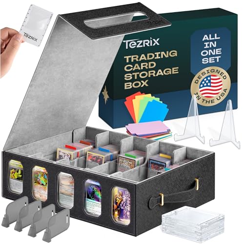 5-row Trading Card Storage Box with Display Windows | Magnifier Ruler, 2 Display Stands, 7 Cardholders & 24 Category Tabs Included | 3900+ Card Case with Magnetic Closure, Black Gray Card Box - color: Black, Gray (5 Row)