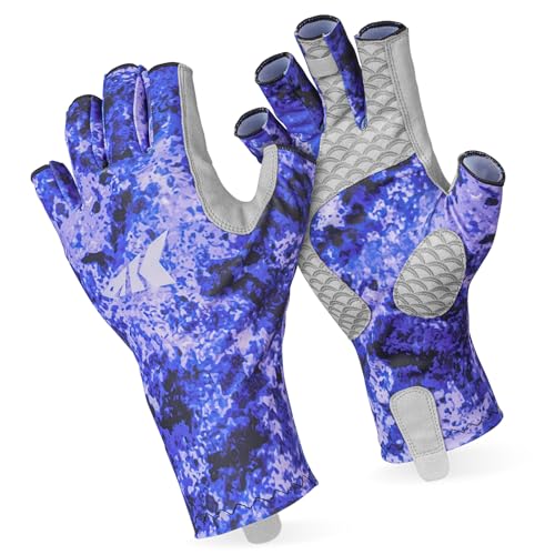 KastKing La Sal Fishing Gloves UPF50+ Sun Gloves UV Protection Fingerless Gloves Men Women for Outdoor, Kayaking, Rowing, Paddling, Canoeing, Hunting - color: E: Boulder Camo Royale, size: Small-Medium