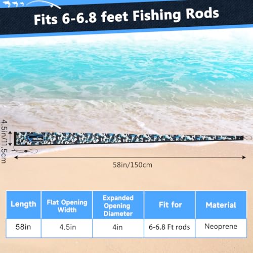 Neoprene Fishing Rod Sleeves for Casting, Spinning, Trolling Pole - Protective Cover Rod Sock with Hanging Loop & Lanyard- Floating, Puncture Resistant, Lightproof - size: 58", style: 5 Pcs