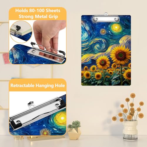Sunflower Clipboard, Starry Night Decorative Clip Board with Metal Clip Cute Plastic Clipboards A4 Standard Size 8.5" x 12.5" for Nurses, Students, Office - color: Sunflower